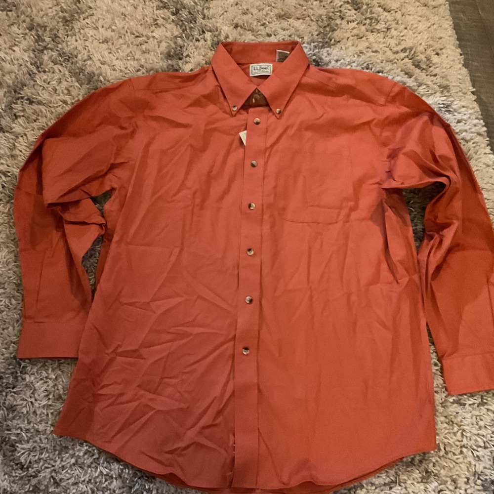 LL Bean Mens Wrinkle Resistant Cotton‎ Button Down Shirt Orange Size L NWT